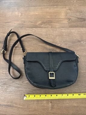 Benoss Milan Black Crossbody Saddle Bag with Gold Buckle vegan